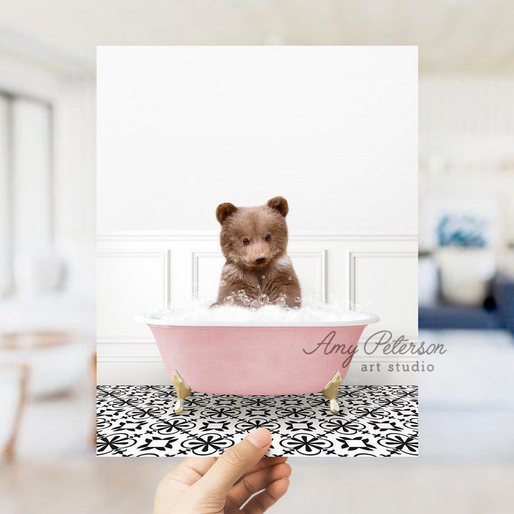 Bear Cub in Stencil Tile with Pink Bathtub Bath