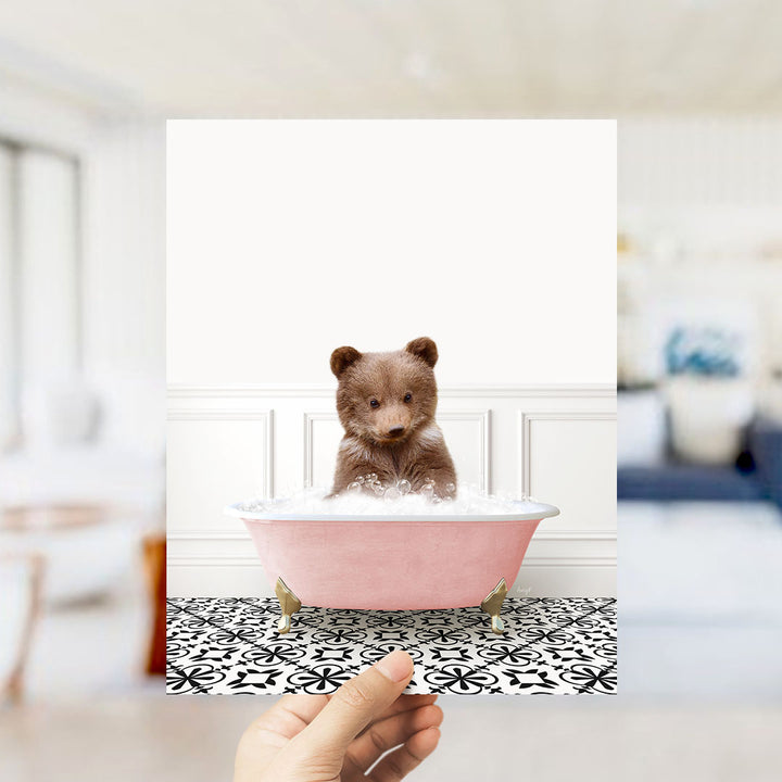 Bear Cub in Stencil Tile with Pink Bathtub Bath