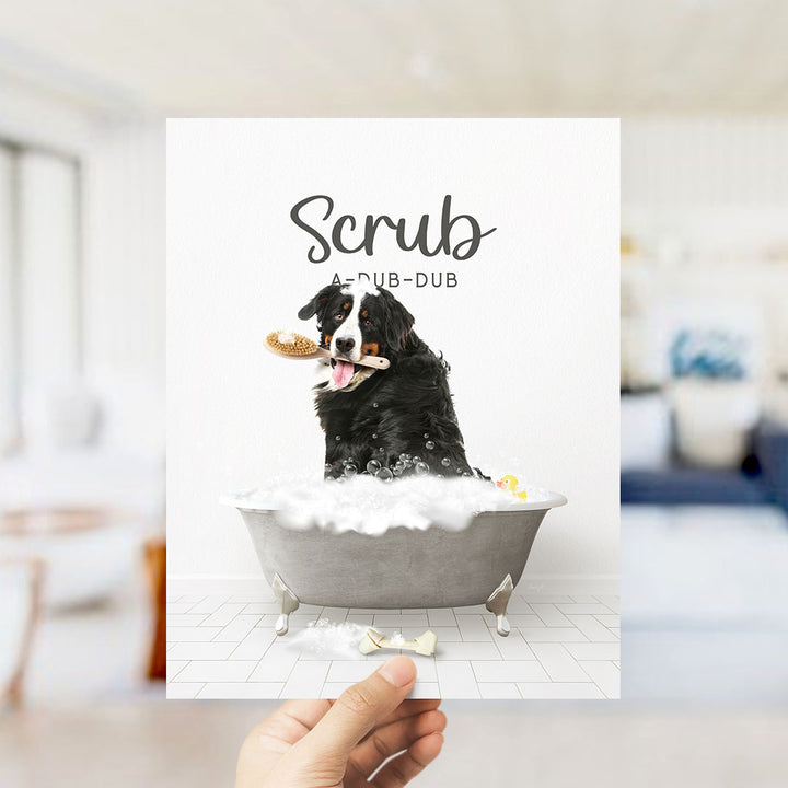 Bernese Mountain Dog Scrub A-Dub-Dub in Simple Gray Bath