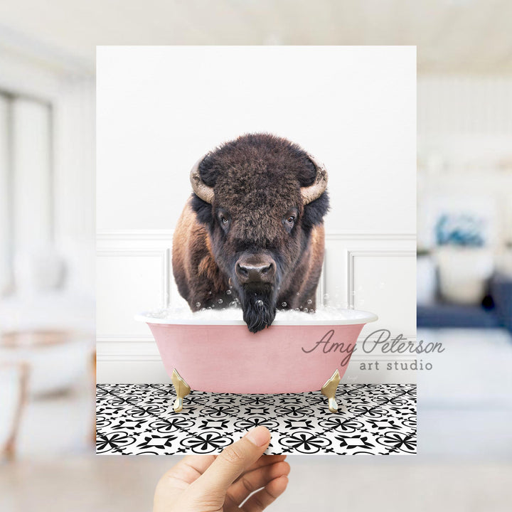 Bison in Stencil Tile with Pink Bathtub Bath