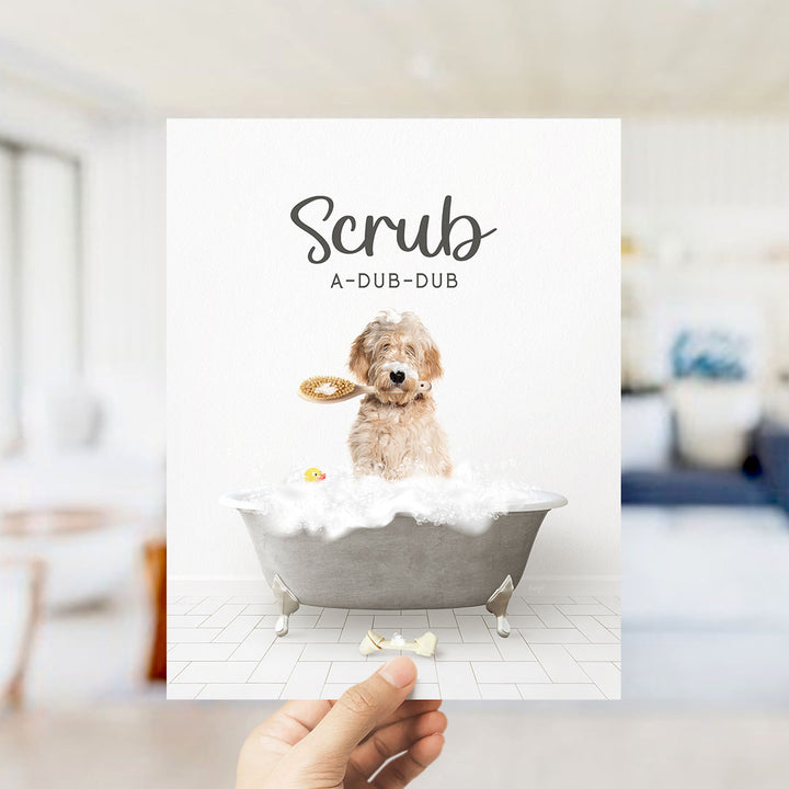 Blonde Labradoodle Scrub A-Dub-Dub in Simple Gray Bath