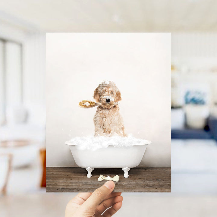 Blonde Labradoodle in Rustic Bath Style Lots of Foamy Bubbles