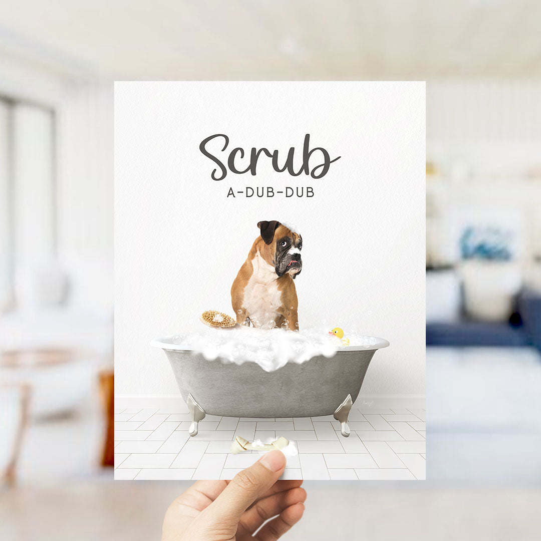 German Boxer Scrub A-Dub-Dub in Simple Gray Bath