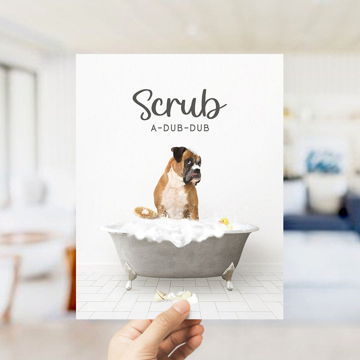 German Boxer Scrub A-Dub-Dub in Simple Gray Bath
