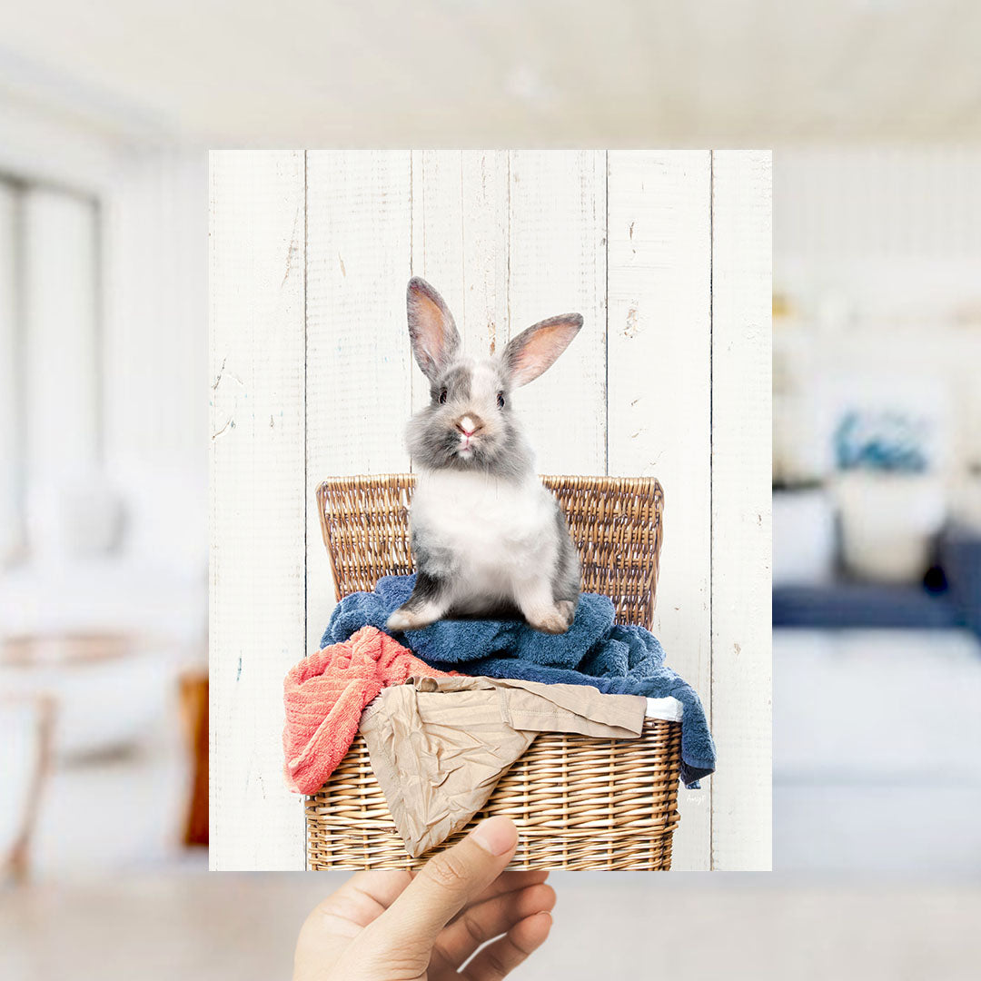 Gray and White Bunny in Laundry Basket - Farmhouse Wall
