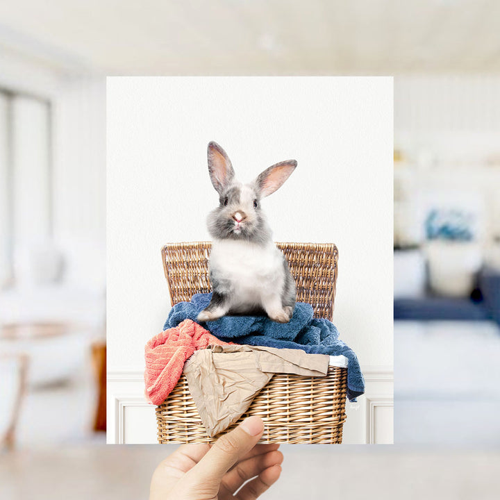 Gray and White Bunny in Laundry Basket - Simple White Wall