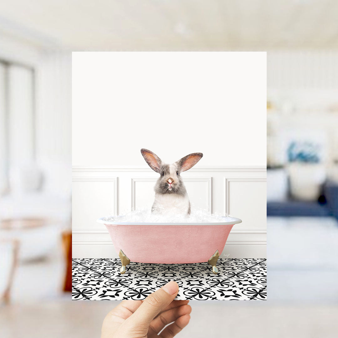 Bunny in Stencil Tile with Pink Bathtub Bath
