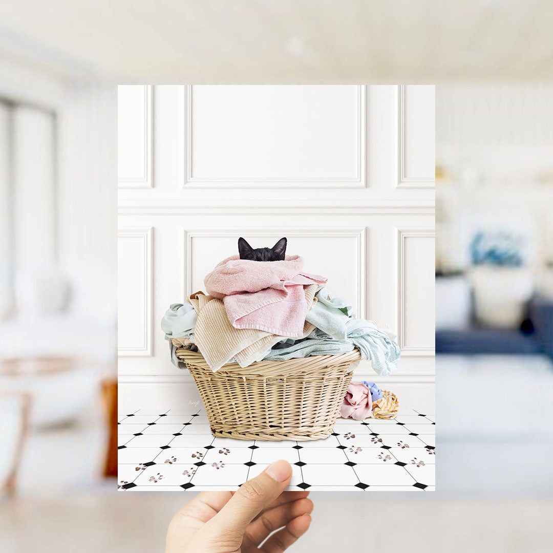 Dirty Kitty in Laundry Basket - Classic White Floor