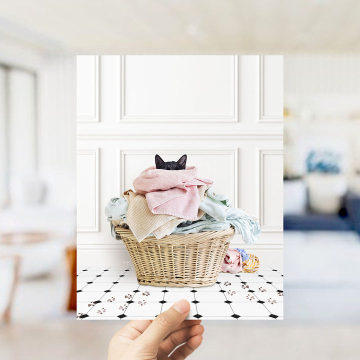 Dirty Kitty in Laundry Basket - Classic White Floor
