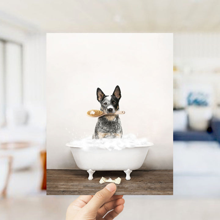 Cattle Dog in Rustic Bath Style Lots of Foamy Bubbles