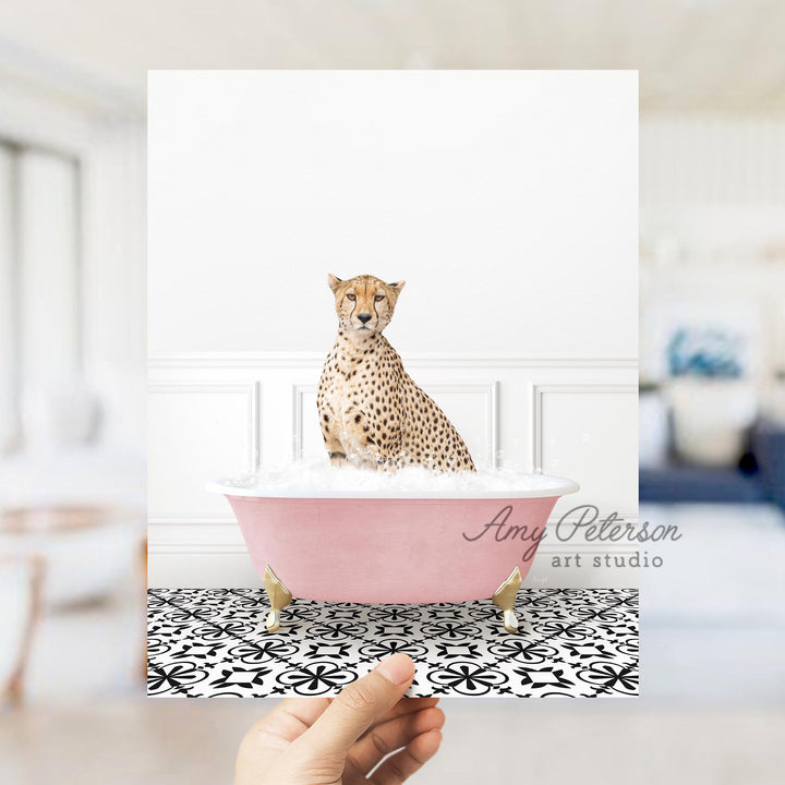 Cheetah in Stencil Tile with Pink Bathtub Bath