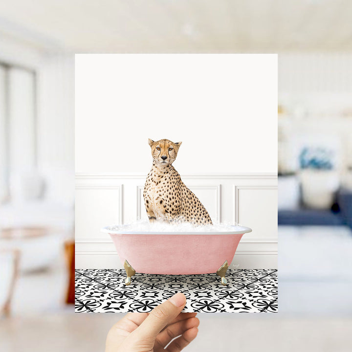 Cheetah in Stencil Tile with Pink Bathtub Bath