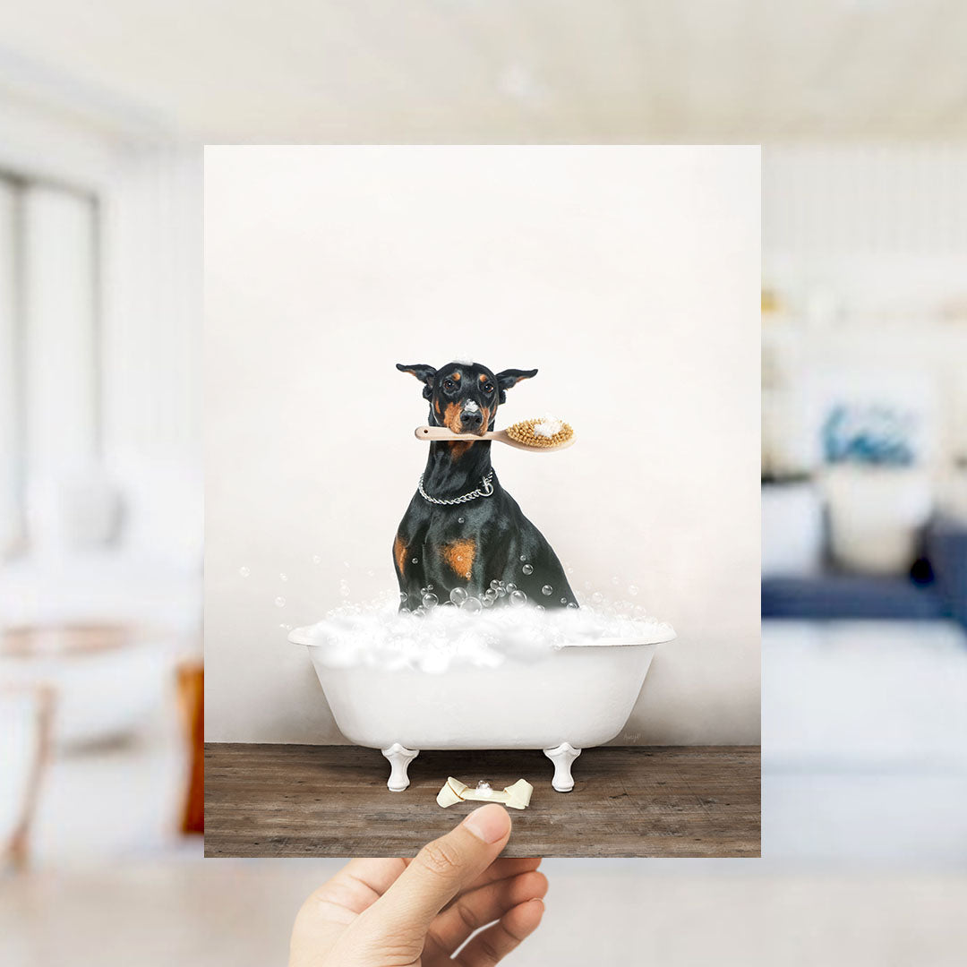 Doberman Pinscher in Rustic Bath Style Lots of Foamy Bubbles