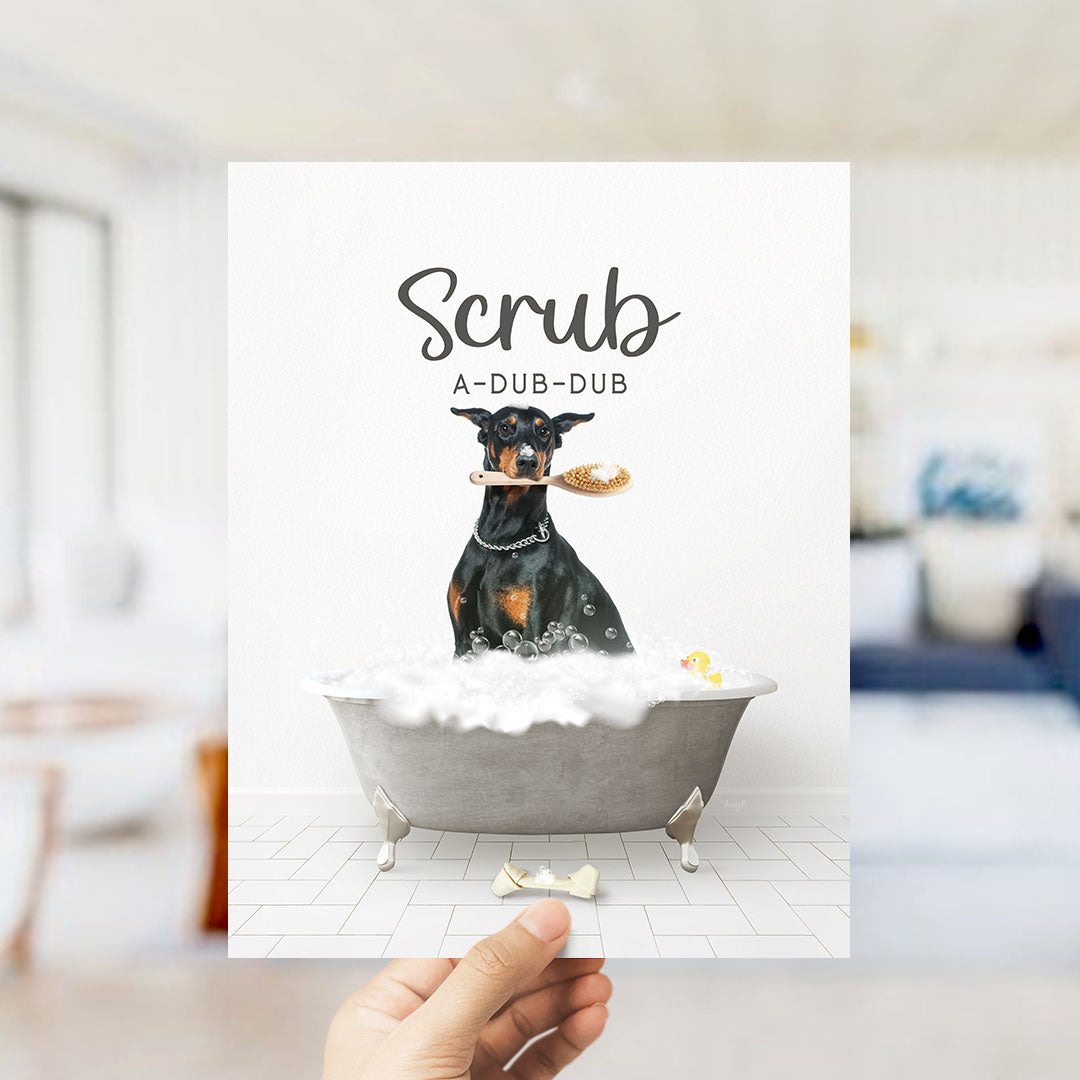 Doberman Pinscher Scrub A-Dub-Dub in Simple Gray Bath