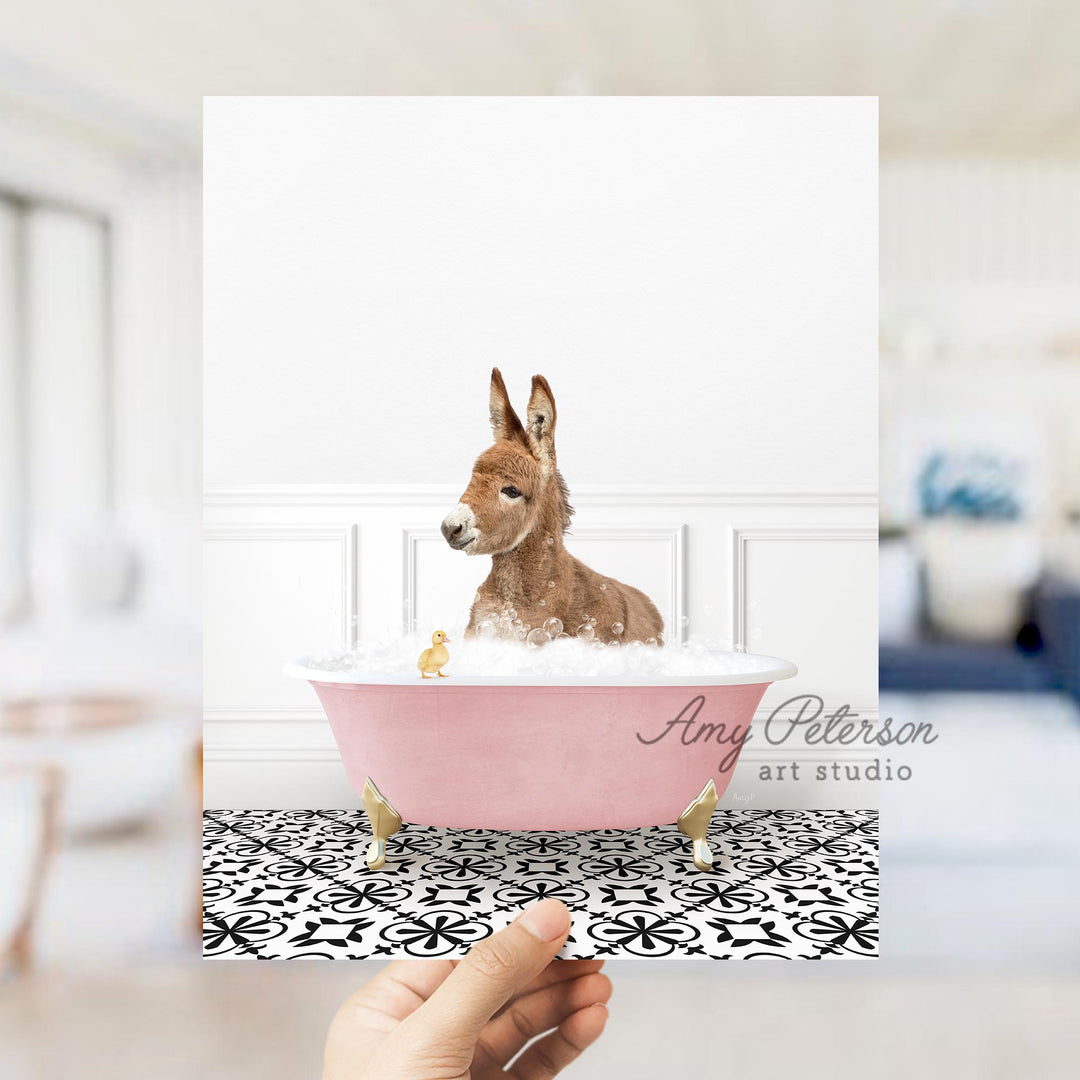 Baby Donkey and Duckling in Stencil Tile with Pink Bathtub Bath