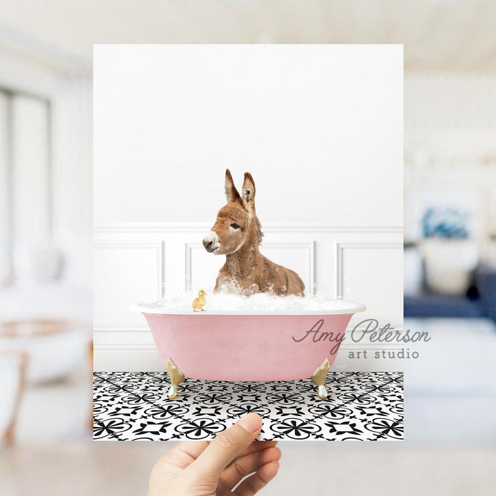 Baby Donkey and Duckling in Stencil Tile with Pink Bathtub Bath