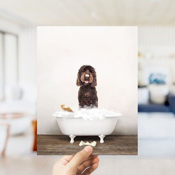 Chocolate Labradoodle in Rustic Bath Style Lots of Foamy Bubbles