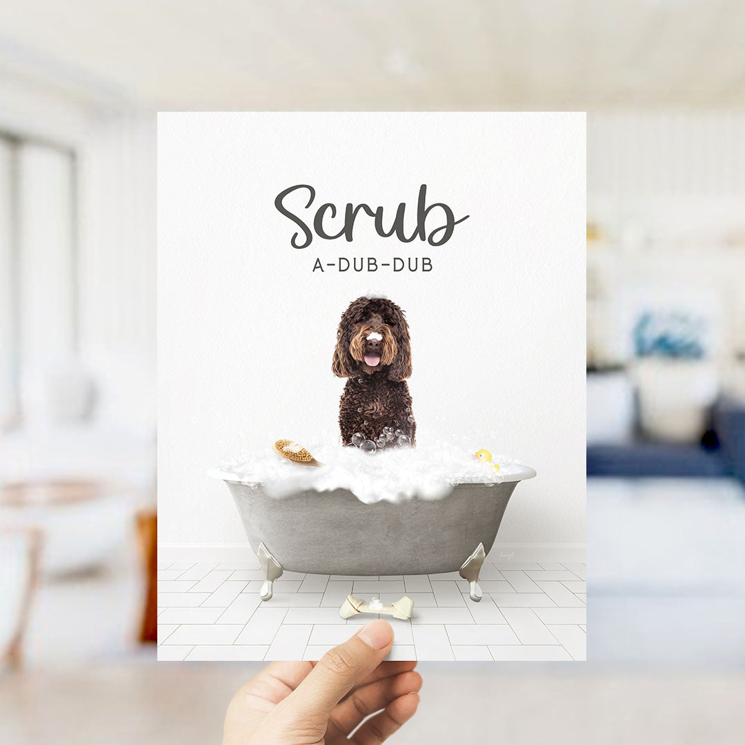 Chocolate Labradoodle Scrub A-Dub-Dub in Simple Gray Bath