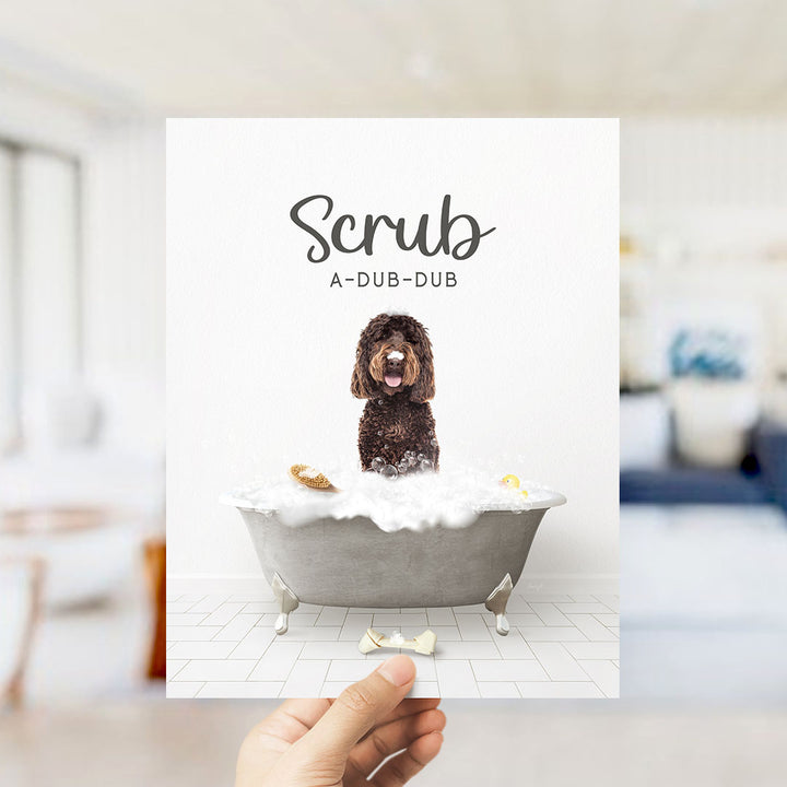 Chocolate Labradoodle Scrub A-Dub-Dub in Simple Gray Bath