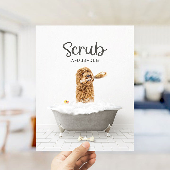 Golden Labradoodle Scrub A-Dub-Dub in Simple Gray Bath