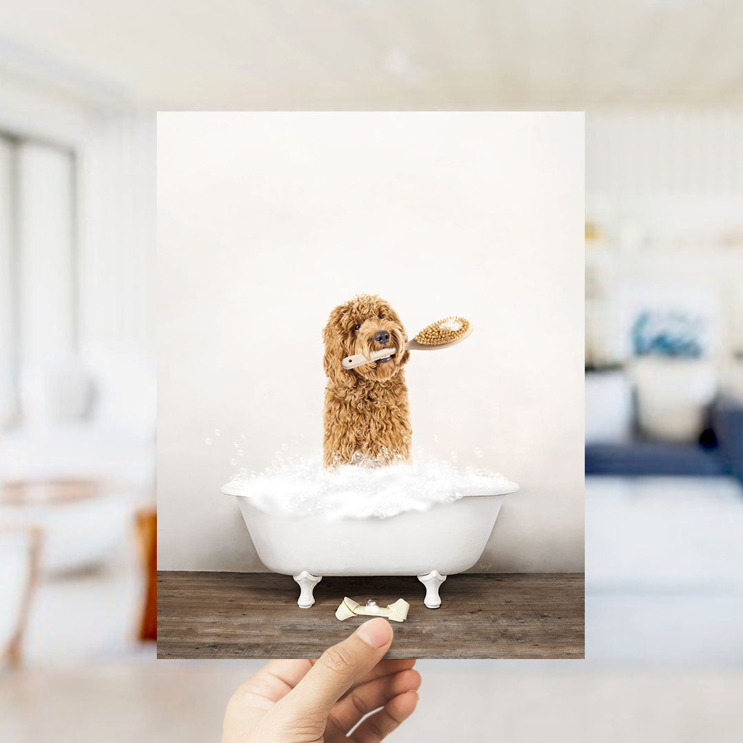 Golden Labradoodle in Rustic Bath Style Lots of Foamy Bubbles
