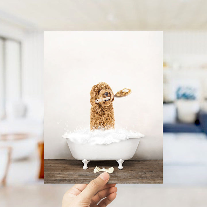 Golden Labradoodle in Rustic Bath Style Lots of Foamy Bubbles