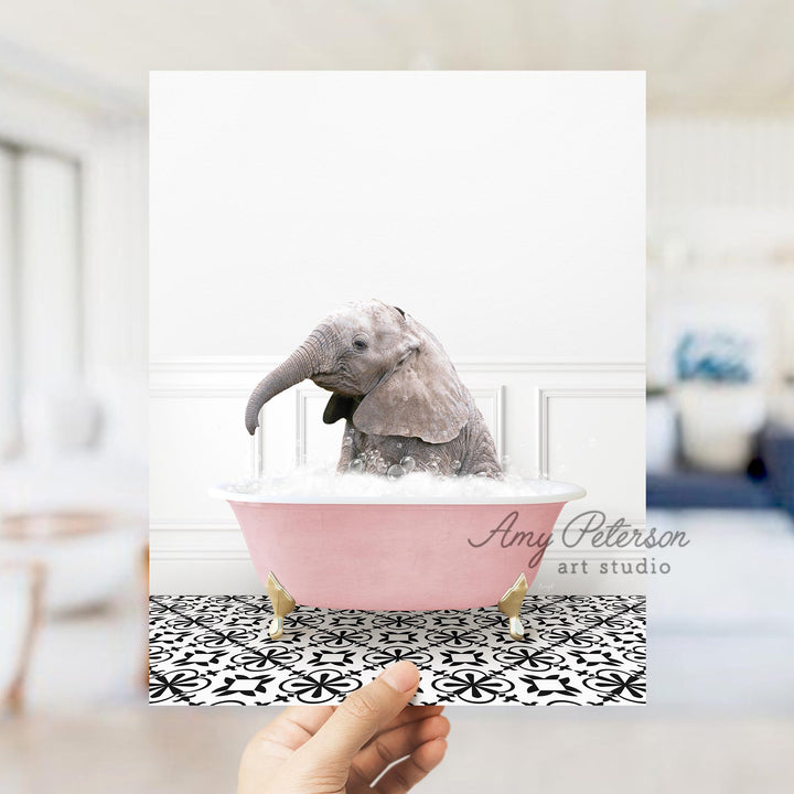 Baby Elephant No1 in Stencil Tile with Pink Bathtub Bath