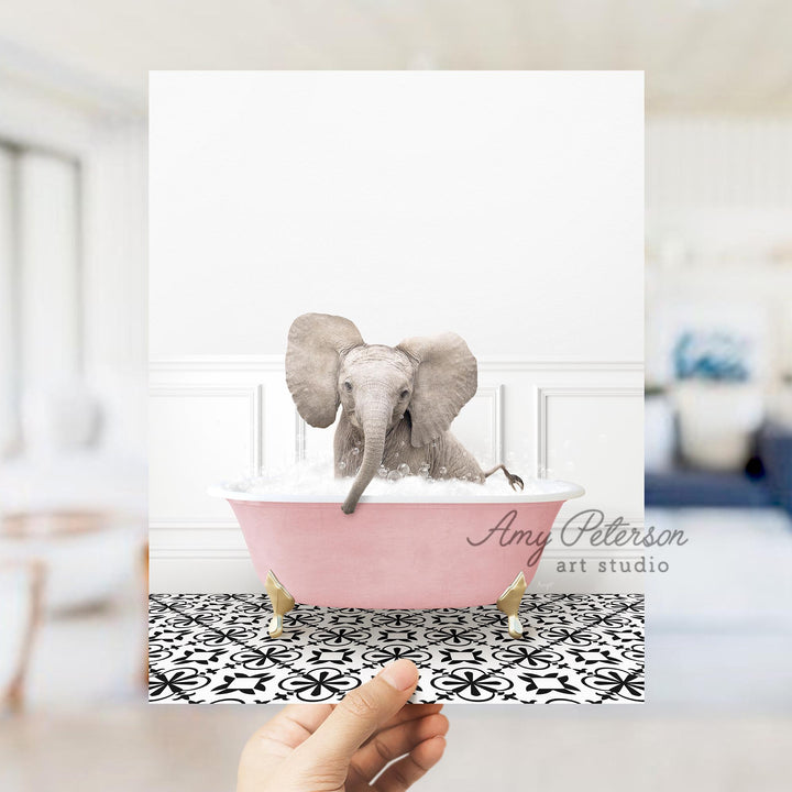 Baby Elephant No4 in Stencil Tile with Pink Bathtub Bath