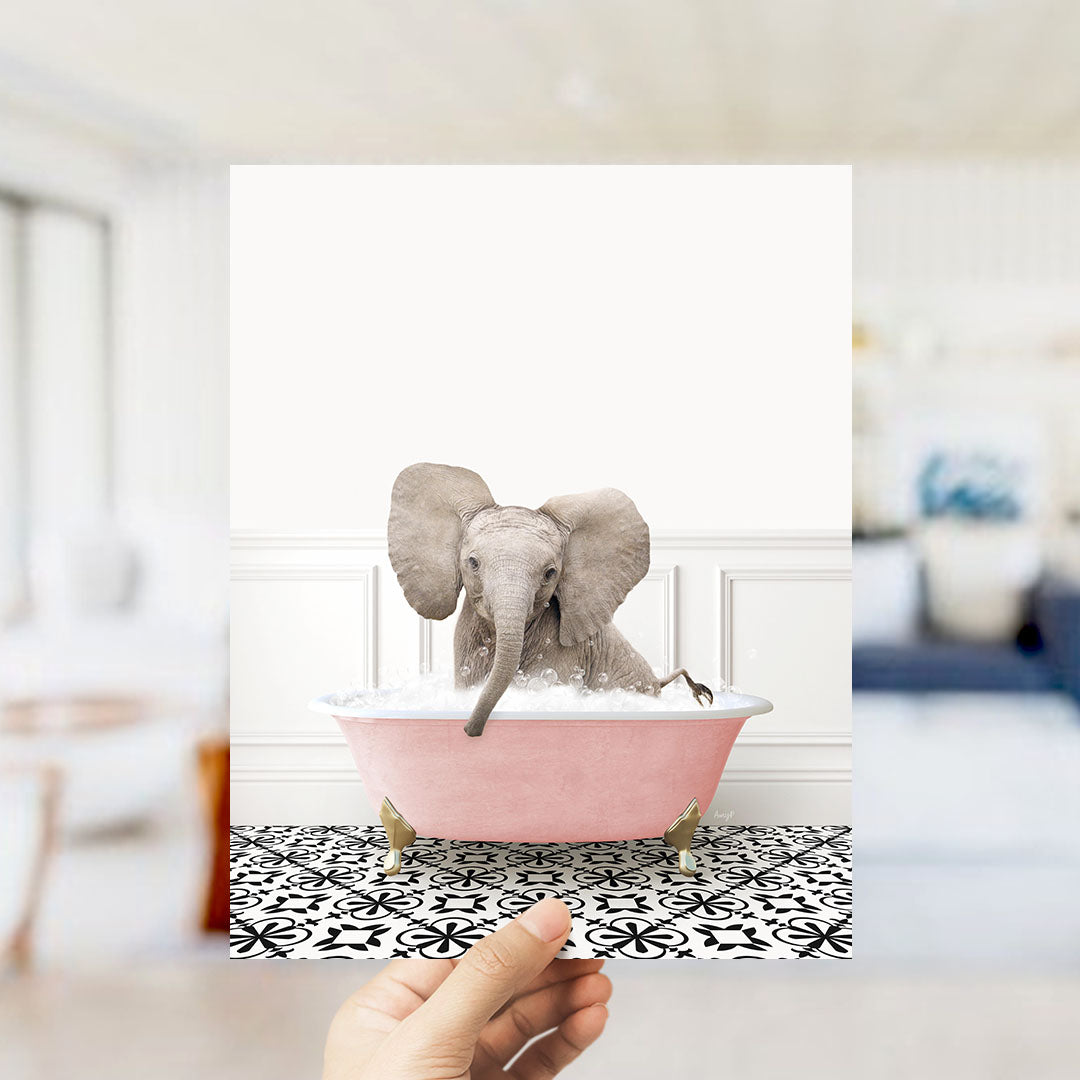 Baby Elephant No4 in Stencil Tile with Pink Bathtub Bath