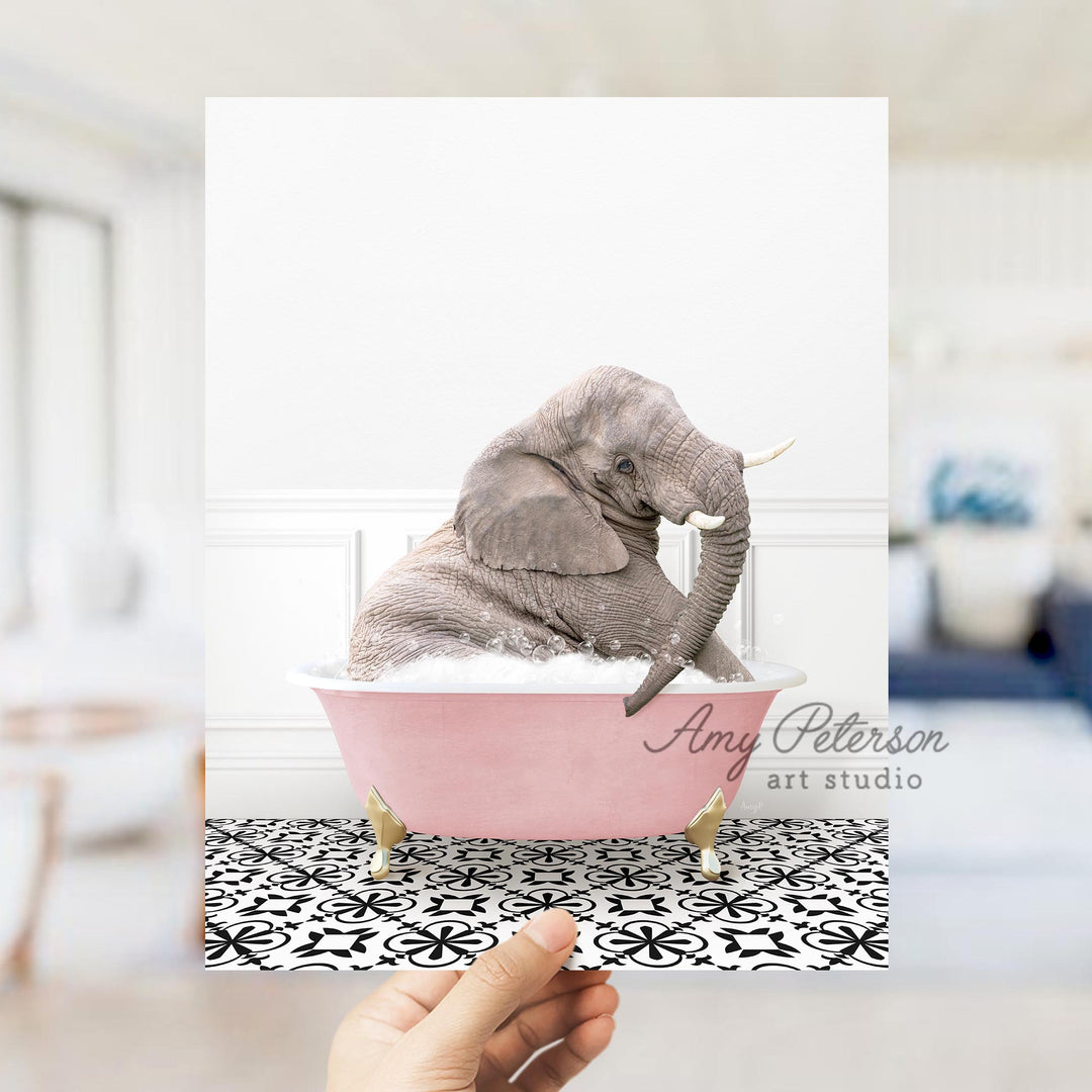 Young Elephant in Stencil Tile with Pink Bathtub Bath