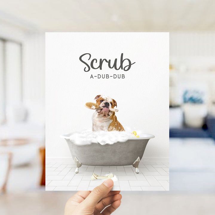 English Bulldog Scrub A-Dub-Dub in Simple Gray Bath