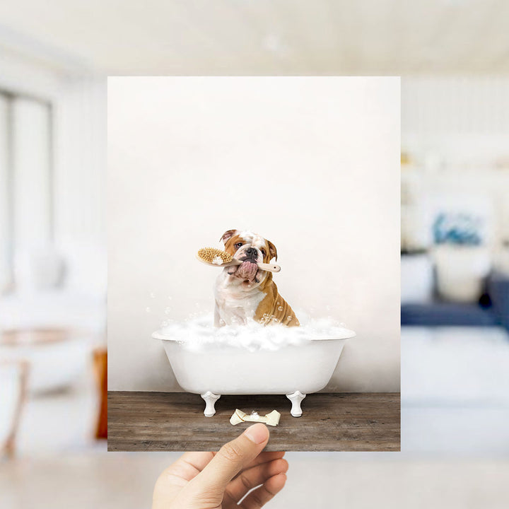 English Bulldog in Rustic Bath Style Lots of Foamy Bubbles