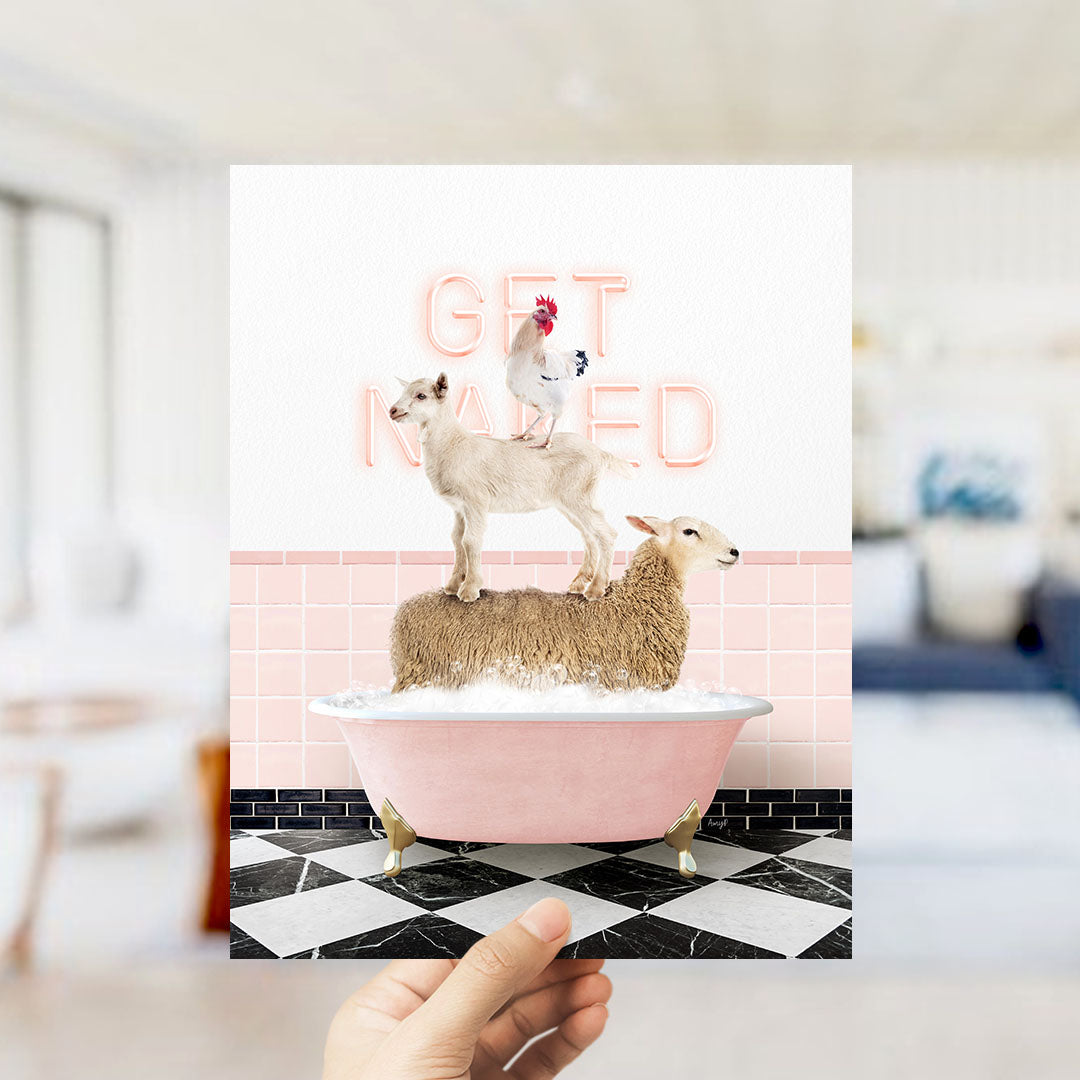 Stacked Farm Animals in Pink Get Naked Bath