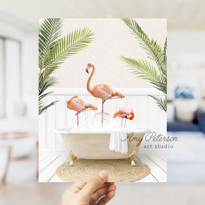 Three Flamingos in Palms Bath