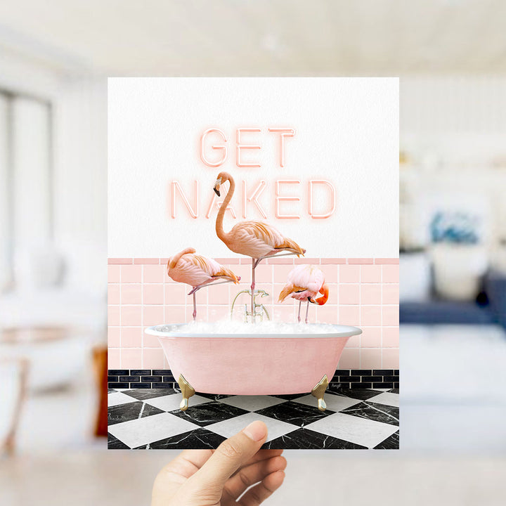 Three Flamingos in Pink Get Naked Bath