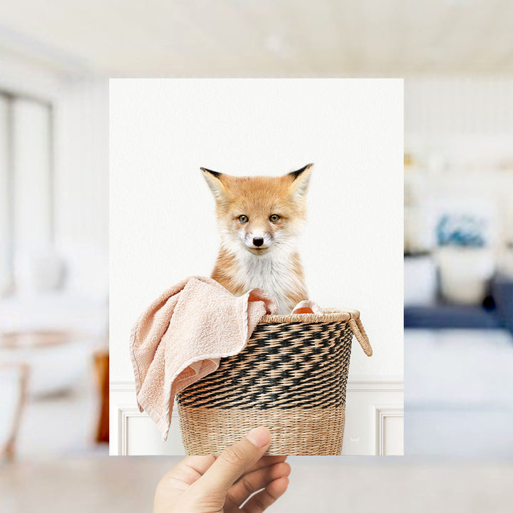 Fox in Laundry Basket - Simple White Wall