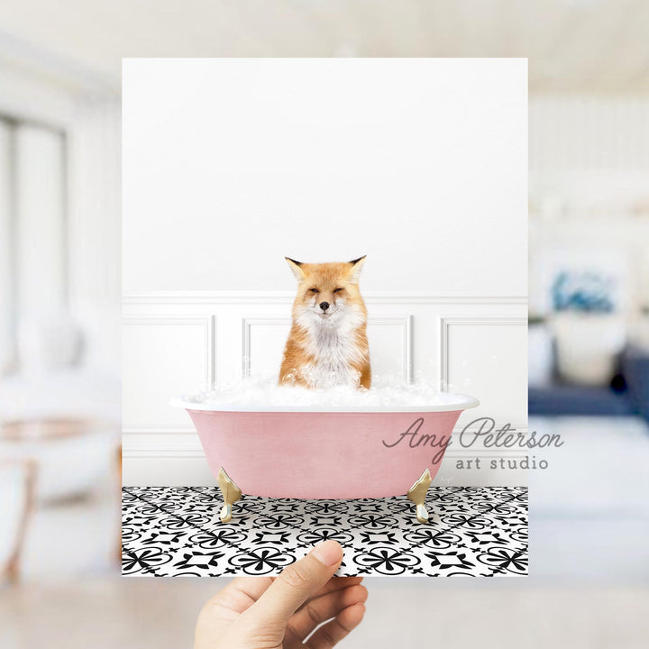 Fox in Stencil Tile with Pink Bathtub Bath
