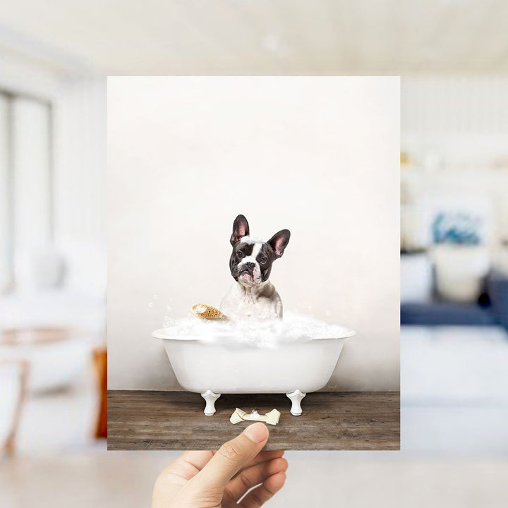 French Bulldog in Rustic Bath Style Lots of Foamy Bubbles