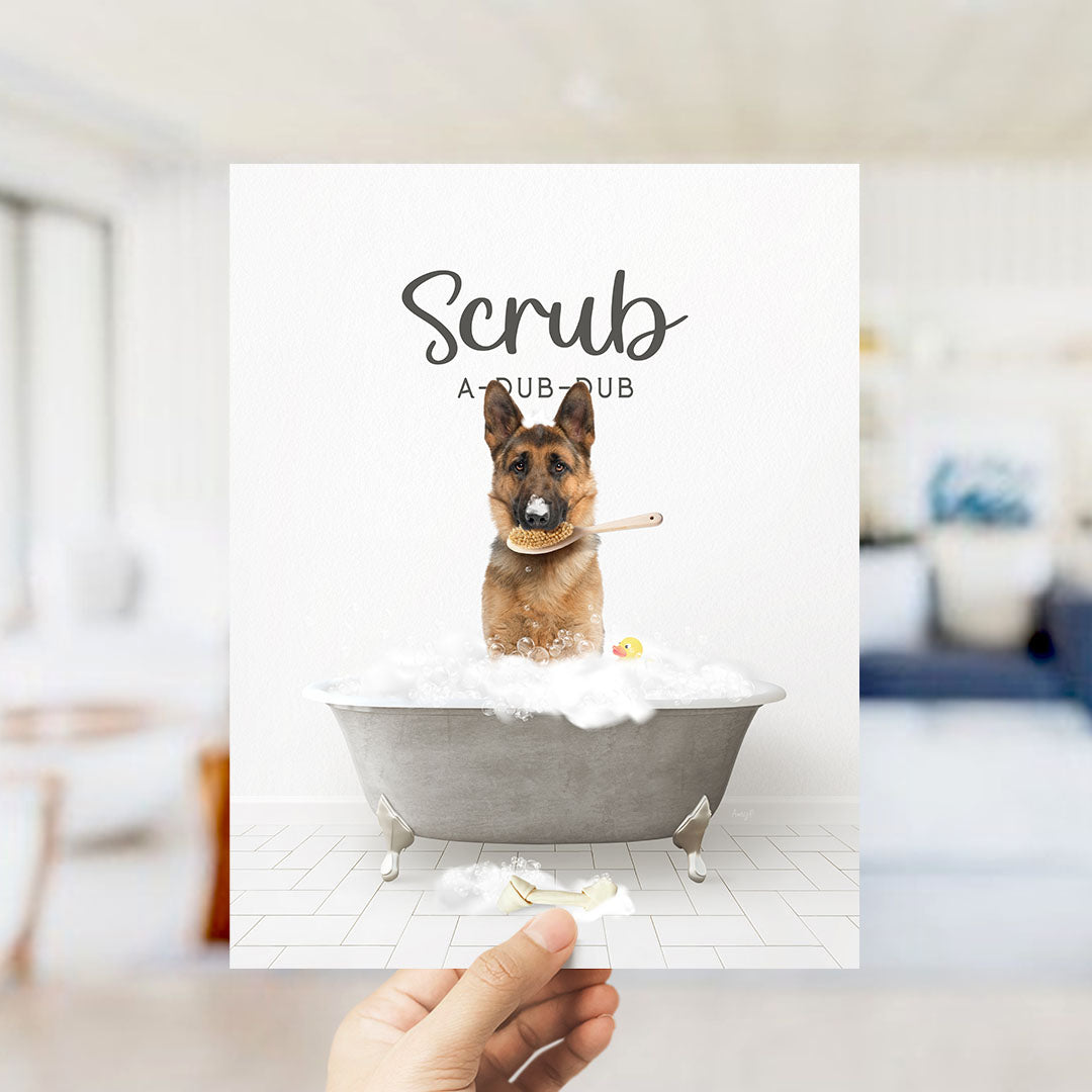 German Shepherd Scrub A-Dub-Dub in Simple Gray Bath