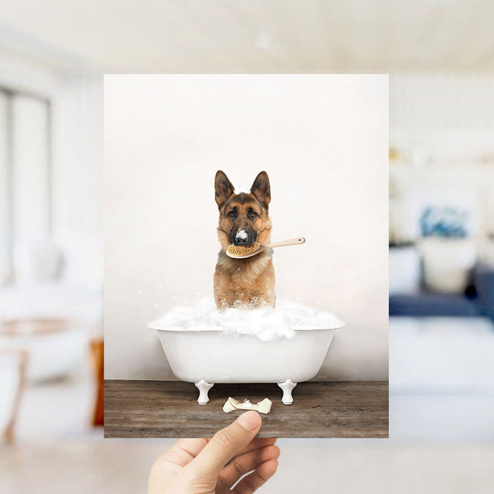 German Shepherd in Rustic Bath Style Lots of Foamy Bubbles