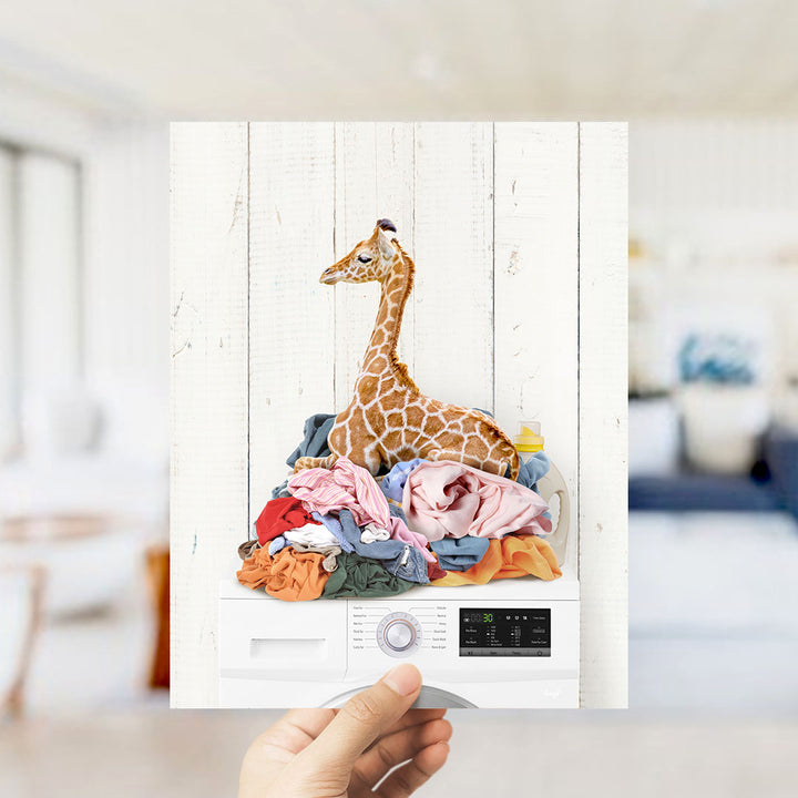 Baby Giraffe on Laundry Clothes Pile on Washing Machine - Farmhouse Wall