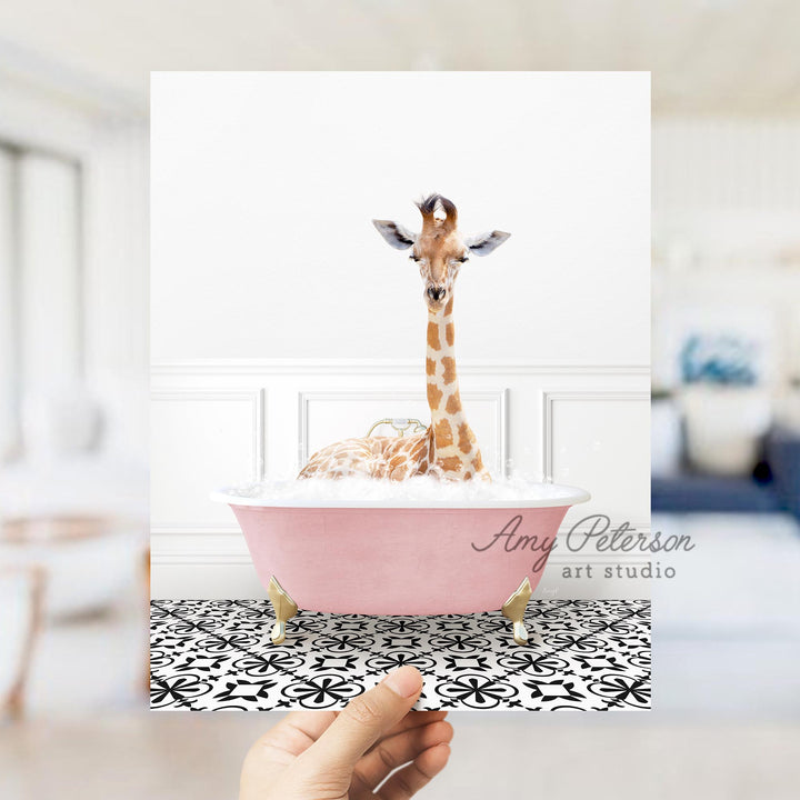 Giraffe in Stencil Tile with Pink Bathtub Bath
