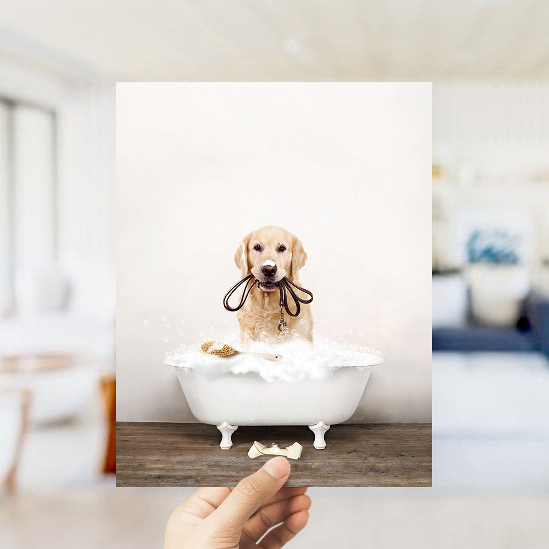 Golden Retriever in Rustic Bath Style Lots of Foamy Bubbles