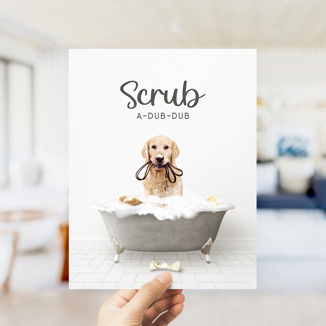 Golden Retriever Scrub A-Dub-Dub in Simple Gray Bath