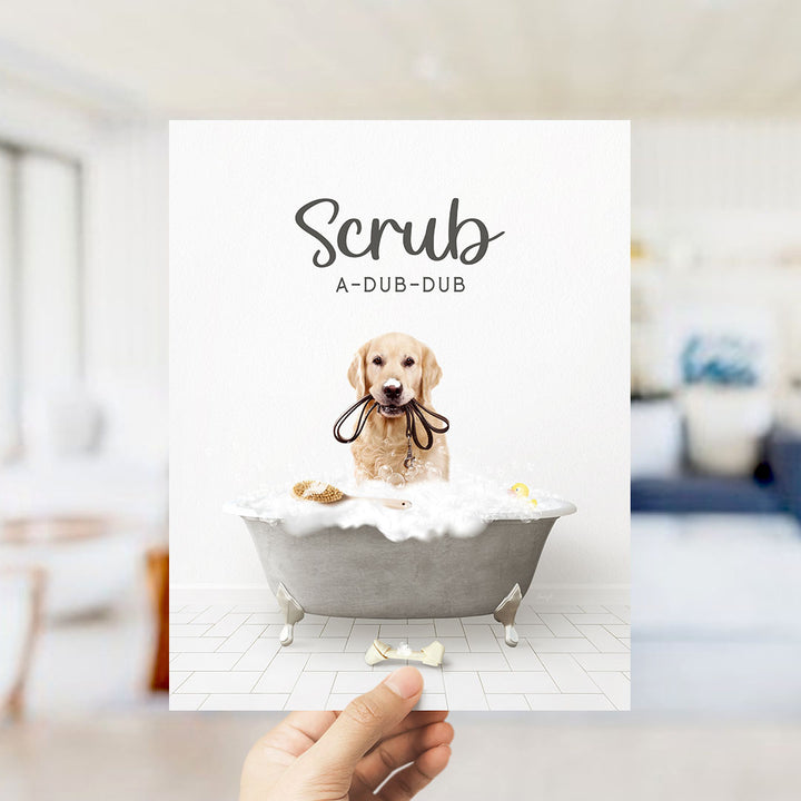 Golden Retriever Scrub A-Dub-Dub in Simple Gray Bath