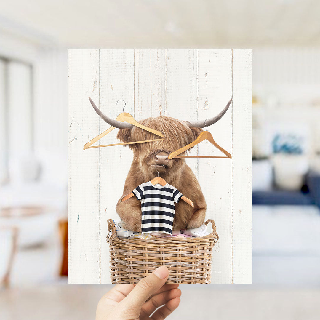 Highland Cow On Laundry Basket with Clothes Hangers - Farmhouse Wall