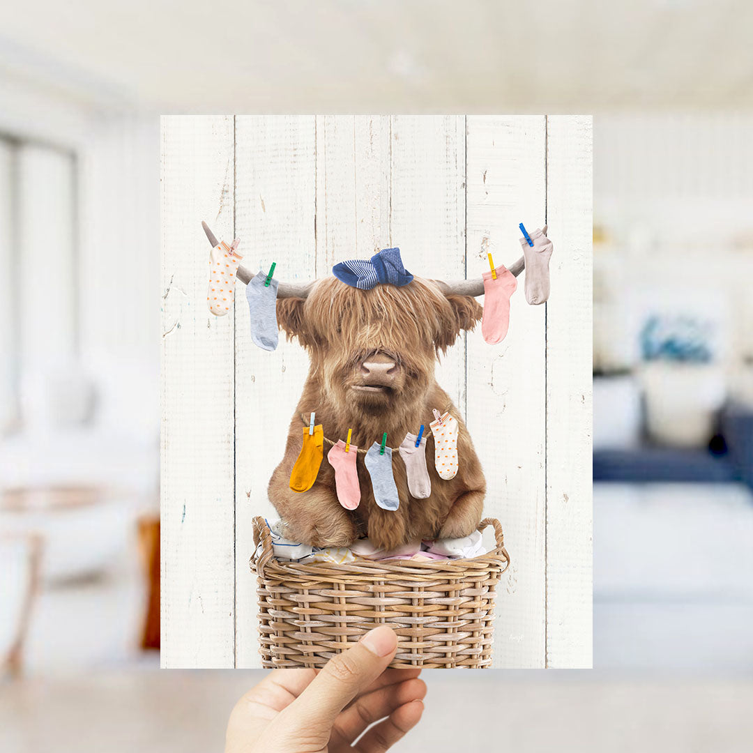 Highland Cow On Laundry Basket with Laundry Socks - Farmhouse Wall