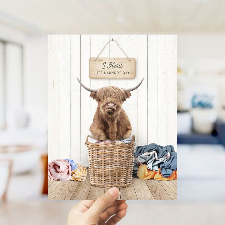 Highland Cow on Clothes Pile I Herd It's Laundry Day - Farmhouse Floor