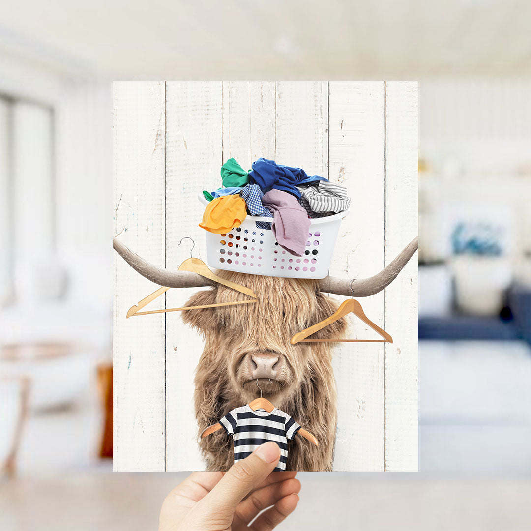 Highland Cow With Laundry Basket On Head and Clothes Hangers - Farmhouse Wall