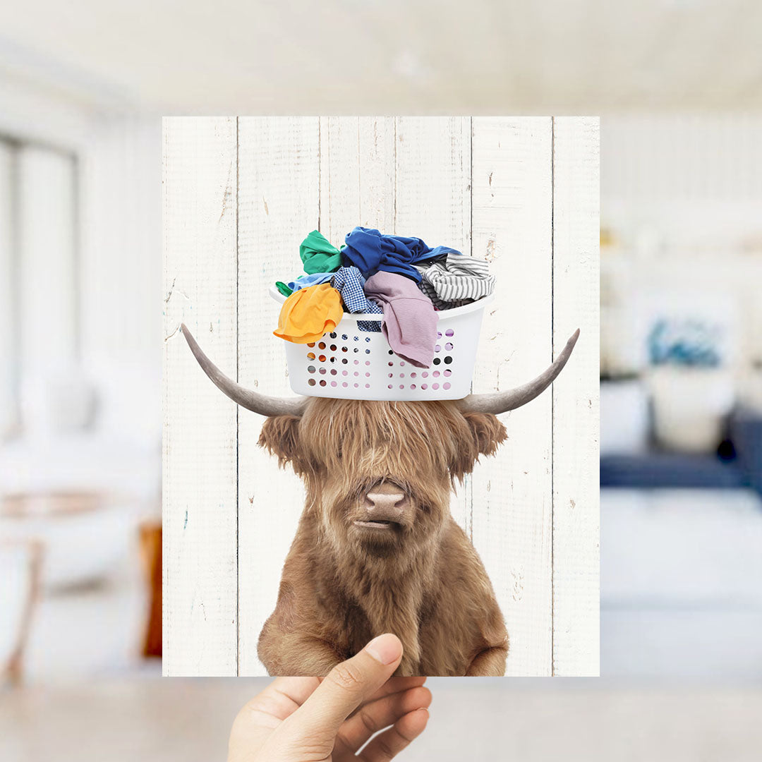 Highland Cow With Laundry Basket On Head - Farmhouse Wall
